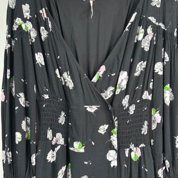 Free People Dark Floral Wrap Midi Dress M So Sweetly Balloon Sleeve Boho Witchy - Picture 12 of 14